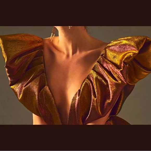 RONNY KOBO Calin Metallic Puffed Shoulders Iridescent Lame Tiered Mini Dress NWT - Picture 8 of 16